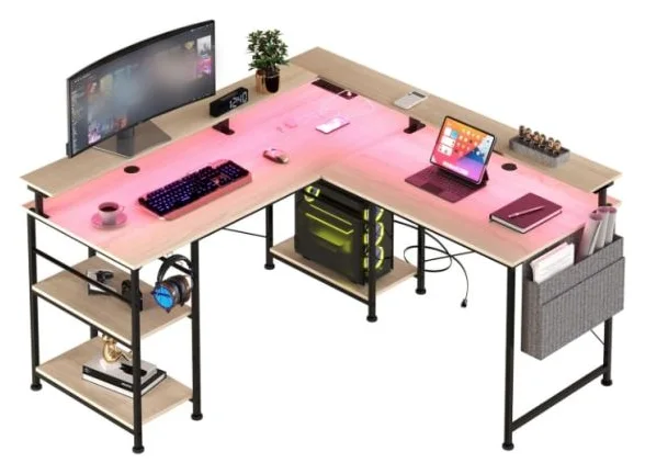 Birou in forma de L cu LED, lemn masiv, 140x140x85 cm