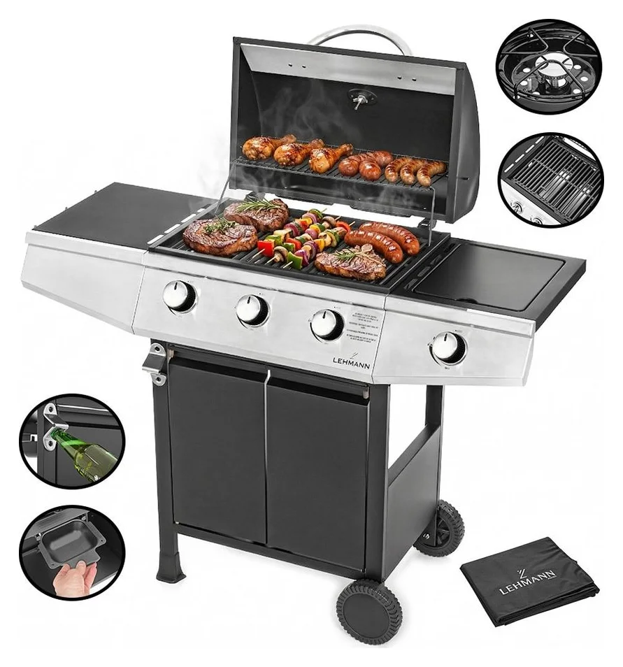 Gratar pe gaz Lehmann Texas, 3+1 arzatoare, 8,4 kW, 52x33 cm