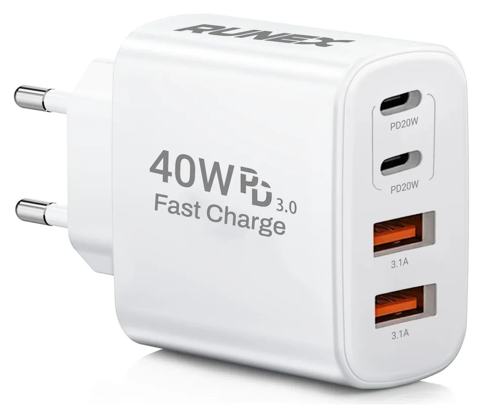 RUNEX 40W, patru porturi, 2 x Type-C 20W si 2 x USB, Quick Charge