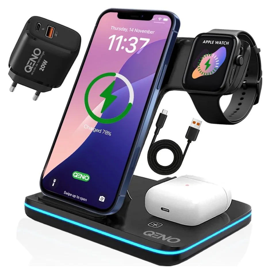 Qeno statie 3 in 1, incarcare fara fir 15W pentru telefon, ceas si casti