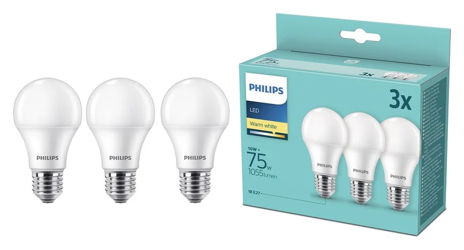 Pachet 3 becuri LED Philips, E27, 10 W, 1055 lm, 2700K