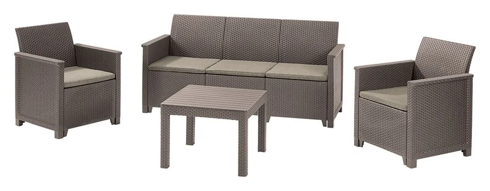 Set Keter Emma 3, canapea 3 locuri, 2 fotolii si masuta, cu perne